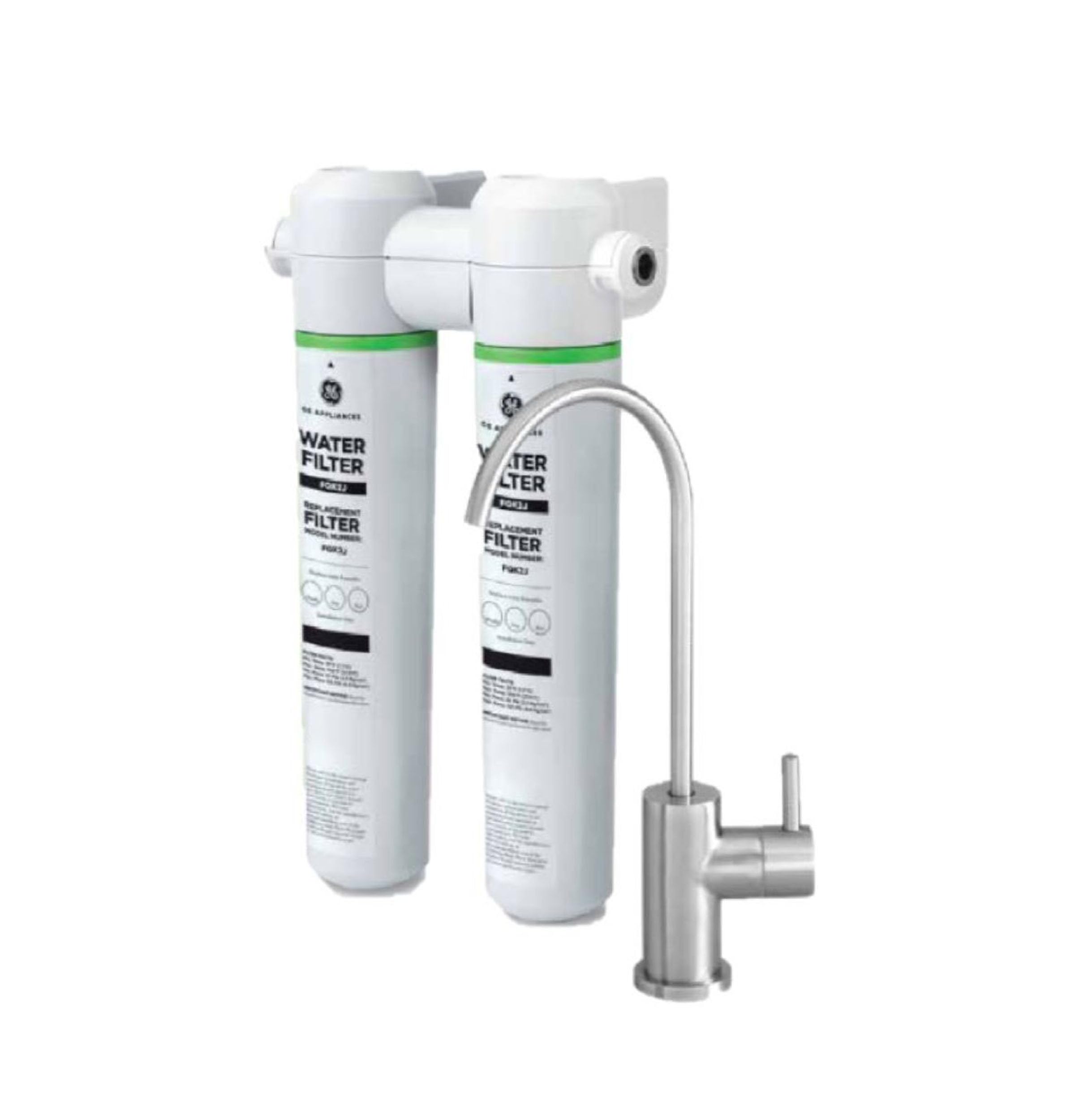 Photo 1 of GE Dual Stage Under Sink Water Filtration System with Faucet, Reduces Lead, Chlorine & More, Easy Install, Twist & Lock Design, Replace Filters (FQK2J) Every 6 Months, GXK255TBN