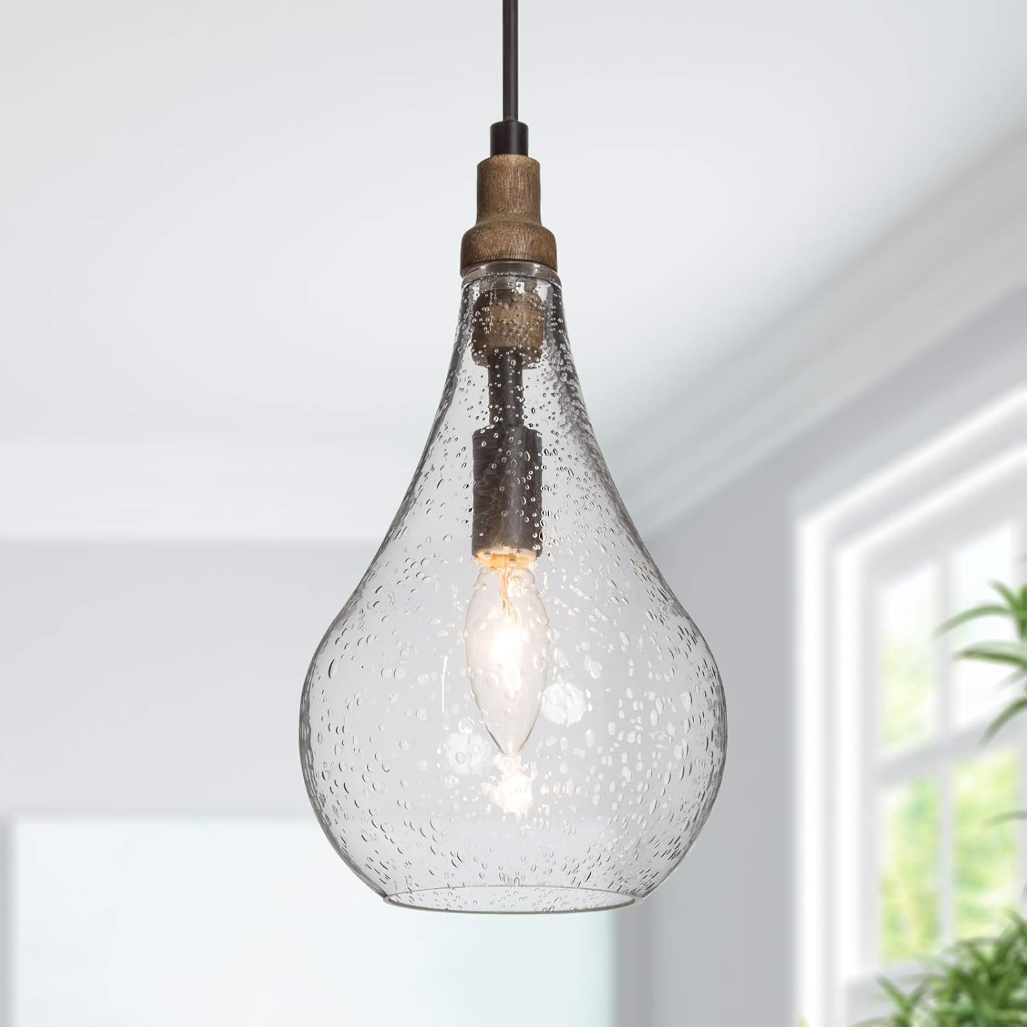 GEPOW Glass Pendant Lighting for Kitchen Island, Farmhouse Wood Hanging Light Fixture for Dining Room, Foyer, Bedroom - - 