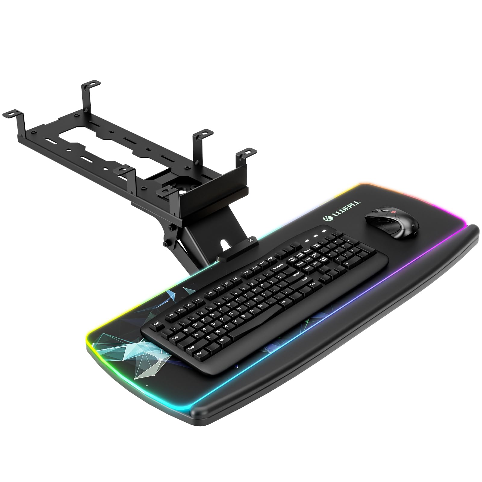 Photo 1 of LLDEPLL Keyboard Tray Under Desk with Storage Drawer, Height Adjustable Keyboard Tray Slide Out 360° Swivel Tilt, Ergonomic Under Desk Mount Keyboard & Mouse pad Lighting, Black