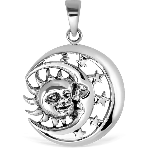 WithLoveSilver 925 Sterling Silver Celtic Moon & Sun Pendant - Celestial Crescent Stars Universe Necklace Charm