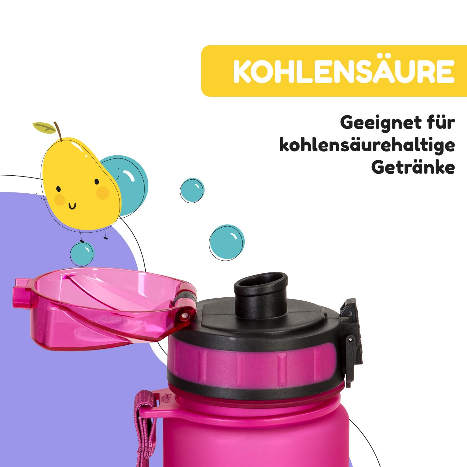 schmatzfatz Kinder Trinkflasche 400ml, Sport für Schule Kindergarten, 1-Klick Verschluss, Geschmacksneutrale Wasserflasche, Auslaufsicher mit Fruchteinsatz, BPA-Frei 4