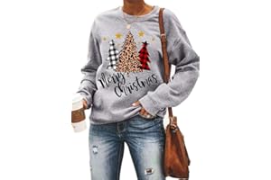 Fuyxxmer Womens Leopard Printed Plaid Trees Christmas Sweatshirt Long Sleeve Lightweight Pullover Tops Blouse