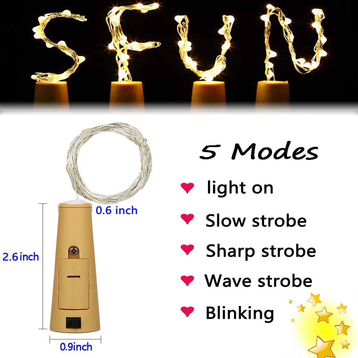 5 Dimmable Modes Intelligent Wine Bottle Lights with Cork, 10 Pack Battery Operated 20 LED Silver Copper Wire Fairy String Lights for DIY, Party, Decor, Christmas, Halloween,Wedding (Warm White)