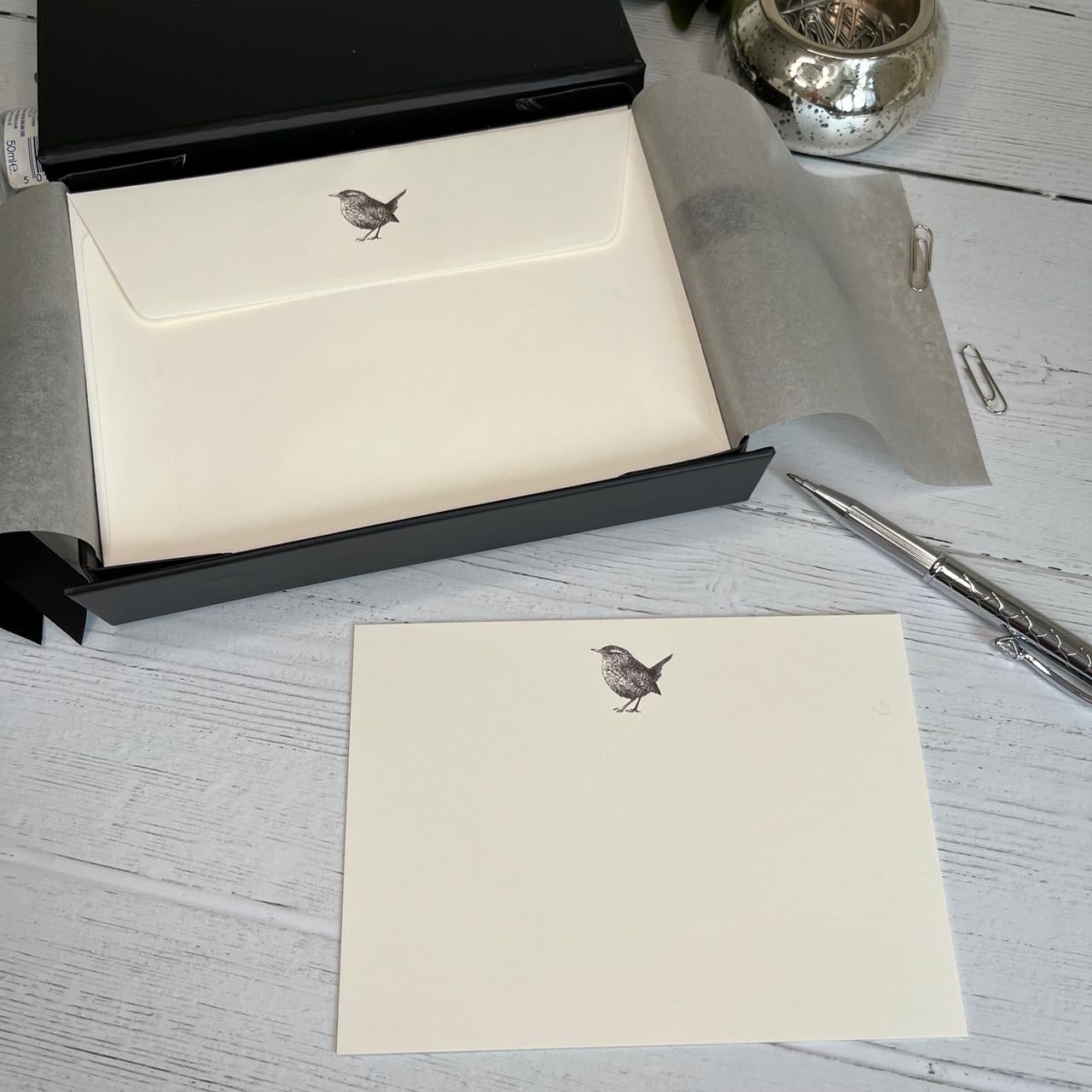 Wagtail Designs Notelets with a Wren Illustration in a Lovely Black Box with Ribbon (Packet of 20 notelets and envelopes)