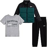 Reebok Baby Boys Pant Set - 3 Piece Quilted Puffer Jacket Boy Jogger Sweatpants and Short Sleeve Graphic Toddler Boy Shirts