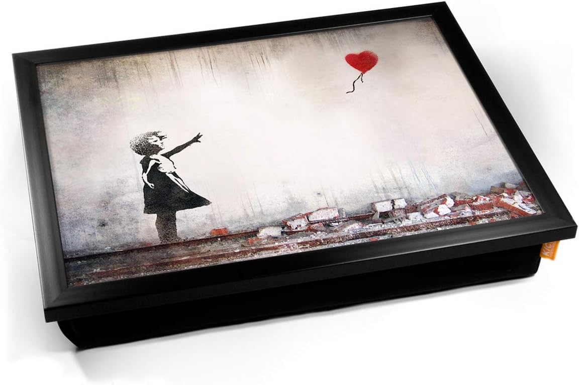 KICO Banksy Heart Balloon Cushioned Bean Bag Breakfast Bed Lap Tray Desk - Black Frame