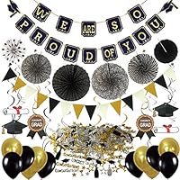 ZERODECO Graduation Decorations, Black and Gold We Are So Proud Of You Banner Paper Pompom Fan Hanging Swirls Graduation Confetti Paper Garland Party Balloons for Grad Party Decoration Supplies