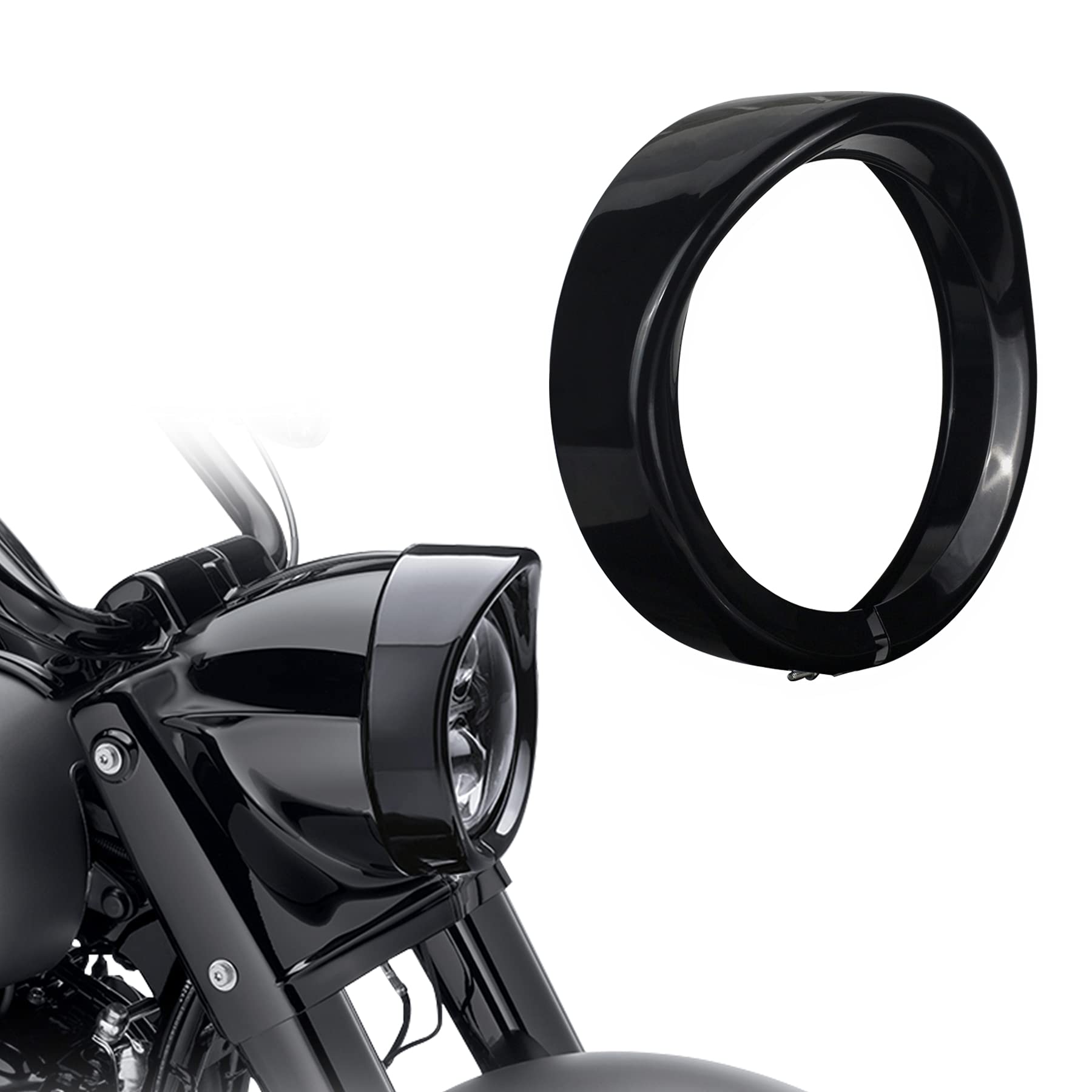 Photo 1 of NTHREEAUTO 7" Headlight Visor Trim Ring Gloss Black Motorcycle Headlamp Frenched Rings Decorate Accessories Compatible with Harley Road King Electra Glide Heritage Softail Touring (Gloss Black)