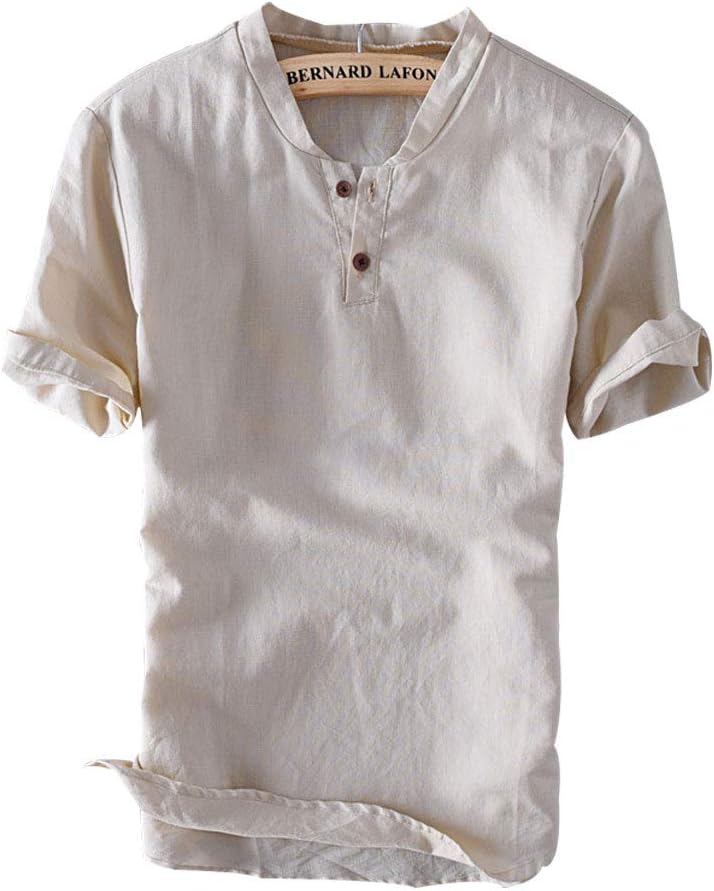 Men's Summer Casual Linen Henley T-Shirt Vintage V Neck Short Sleeve Shirts