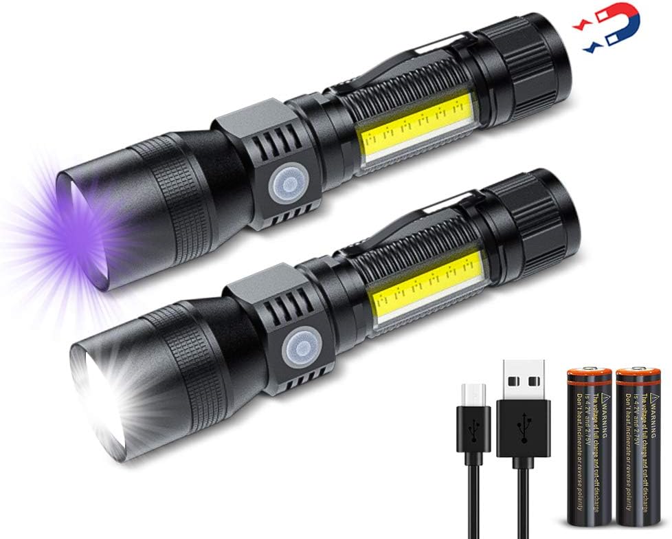 USB Rechargeable UV Flashlight, Zoomable Waterproof Tactical LED Torch, 2 in 1 UV Black Light with 1000 Lumens&7 Modes for Camping Biking Hiking Outdoor Family Emergency - - 