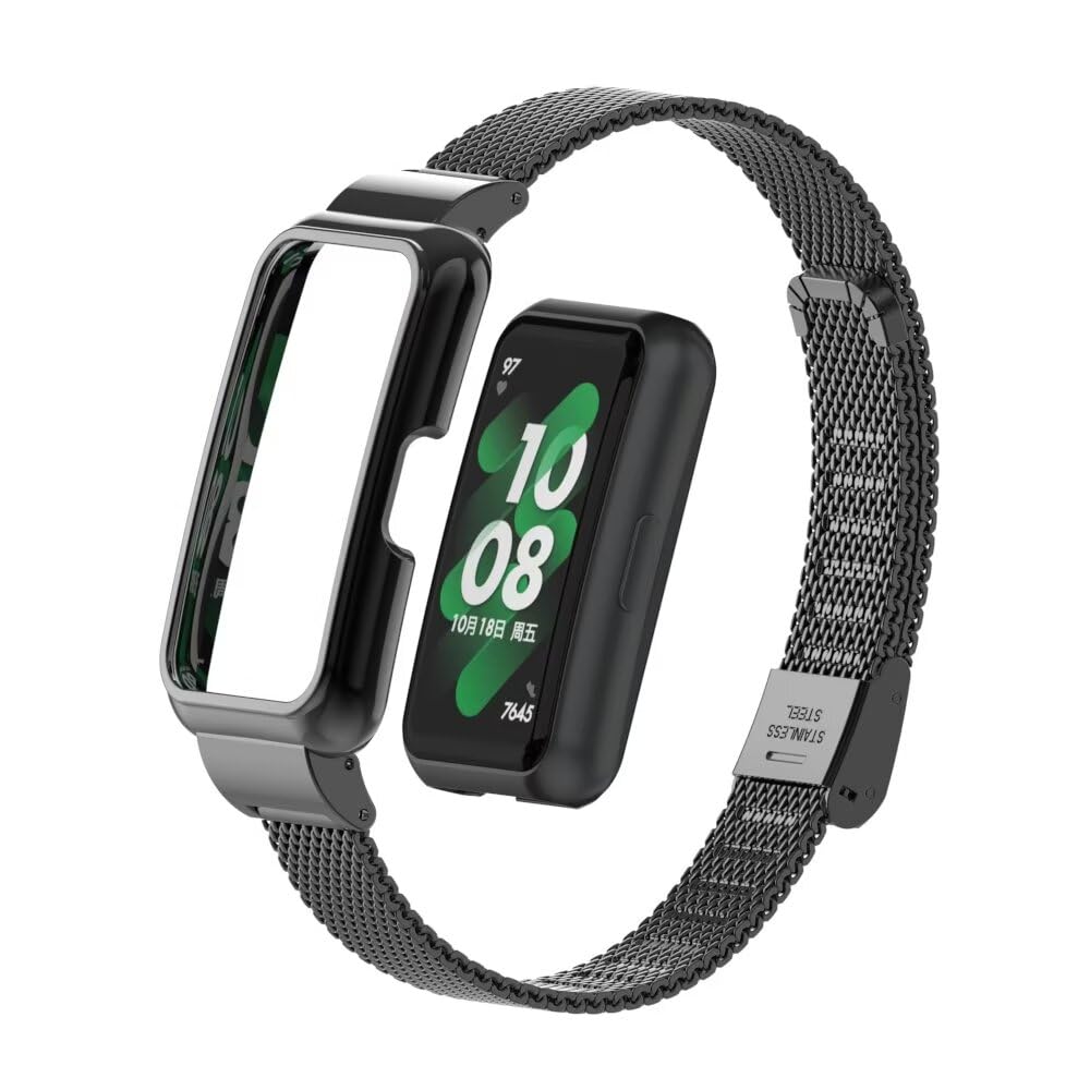 T-BLUER Compatible for Huawei Band 8 Strap,Stainless Steel Metal Replacement Band Bracelet Wristband Accessories with Metal Frame for Huawei Band 7/8/9 Black