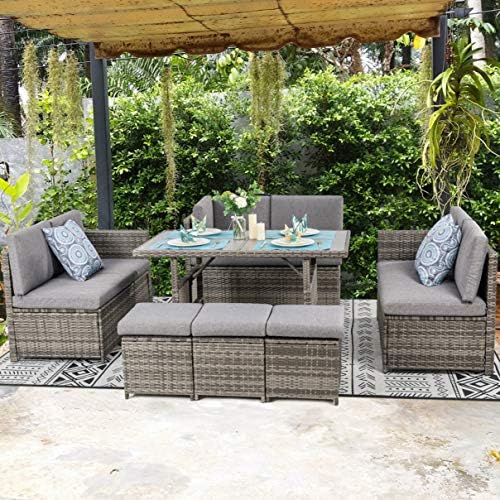 Vongrasig 7 Piece Small Outdoor Sectional Dining Set, All Weather PE