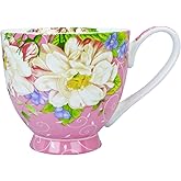 YUESITE 16oz Bone China Coffee Mugs for Women Mugs Flora Coffee Tea Cups Novetly Coffee Cups Gift for Women Mom Friends (pink Magnolia)