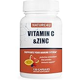 Nature4U Vitamin C 1000mg with Zinc, Rose HIPS and Citrus Bioflavonoids, Immune Support Supplement Antioxidants Protection, 120 Capsules