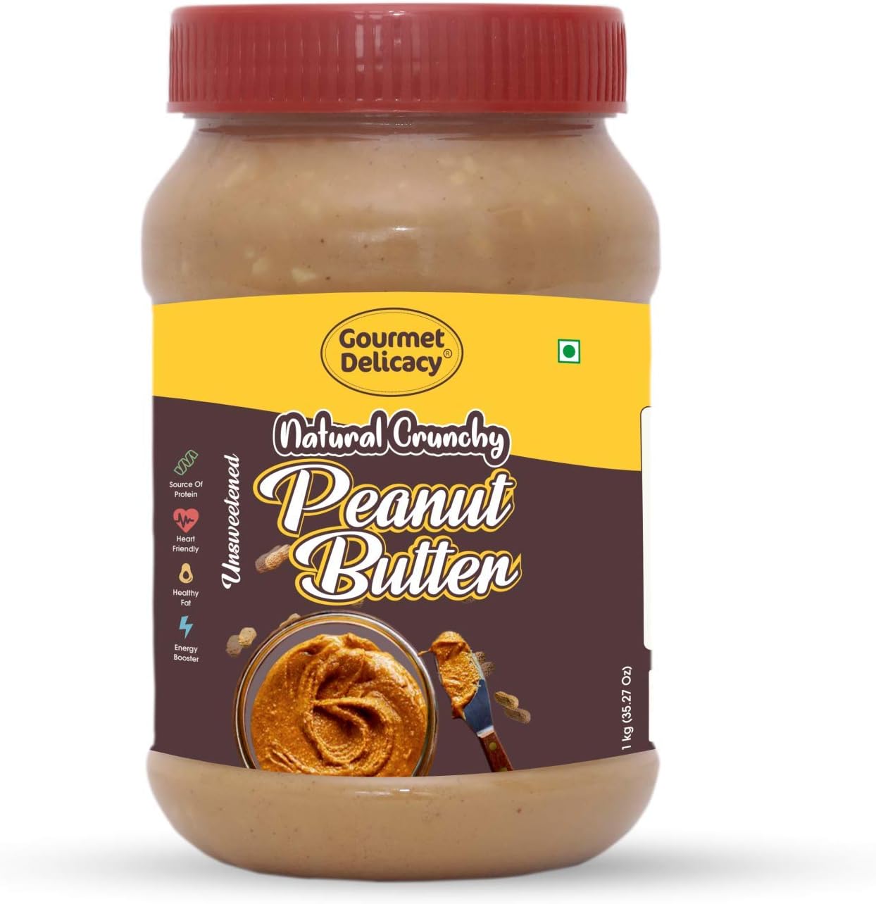 Gourmet Delicacy All Natural Crunchy Peanut Butter, 1 Kg (Unsweetened, Gluten Free, Vegan)