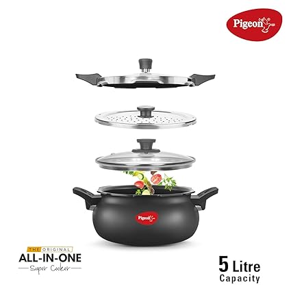 Pigeon by Stovekraft All in One Ceramic Super Cooker, 5 Liters, Black/Transparent