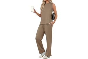 PrinStory 2 Piece Set for Women Summer vacation Airport Outfits Lounge Sets Sleeveless Top Wide Leg Pants S-2XL