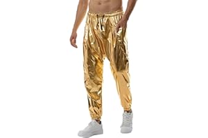 GENEMEN Mens Metallic Pants Jogger Sequin Disco Costume Trousers Loose Rave Outfit with Pockets