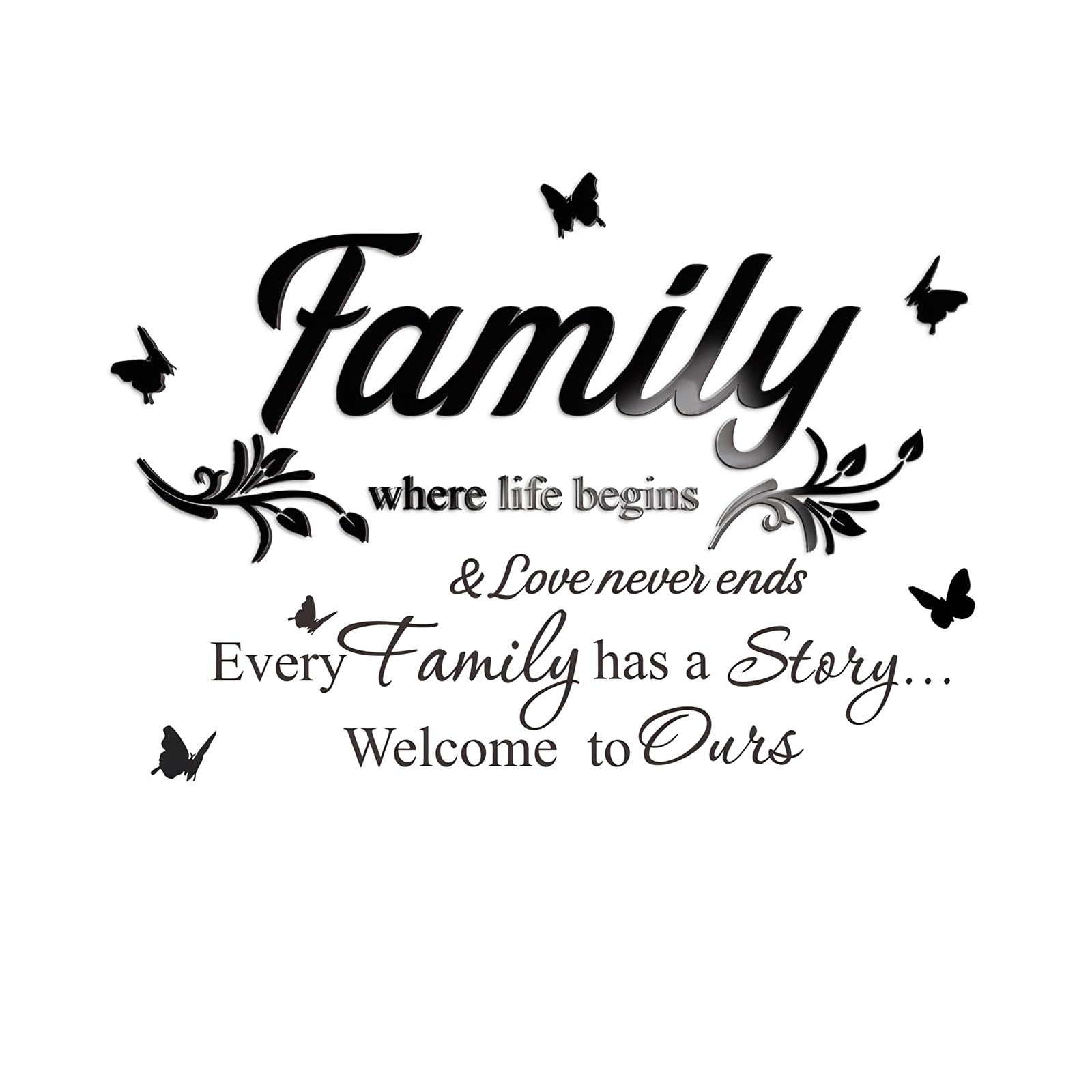 Fkereg Family Where Life Begins & Love Never Ends Every Family Has a Story Welcome to Ours Mirror Wall Decals Stickers, Acrylic Inspirational Quotes Wall Art Words, Home Wall Decor Living Room, Black