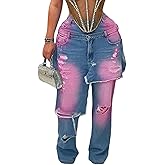 LKOUS Women's Ripped Baggy Jeans High Waist Wide Leg Patchwork Distressed Cutout Stretchy Denim Pants Streetwear
