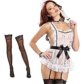 Women French Maid Outfit Costume Sexy Lingerie Sheer Naughty Servant Uniform Cosplay Lace Babydoll Apron Fancy Dress