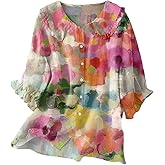 Women’s Summer Dressy Boho Floral Print 3/4 Sleeve Shirt Tops Comfy Casual Loose Cute Lapel Button Down Blouses