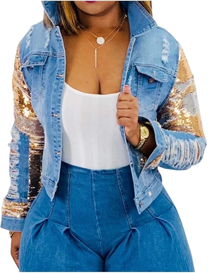 sequin sleeve jean jacket