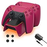 NexiGo PS5 Controller Charger with Thumb Grip Kit, Fast Charging AC Adapter, DualSense Charging Station Dock for Dual PlayStation 5 Controllers with LED Indicator, Cosmic Red