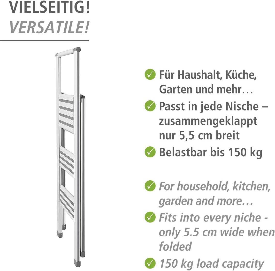 WENKO 601016100 Aluminium design folding stepladder 3-step white - household ladder, Aluminium coated, 44 x 127 x 5.5 cm, White - Image 5