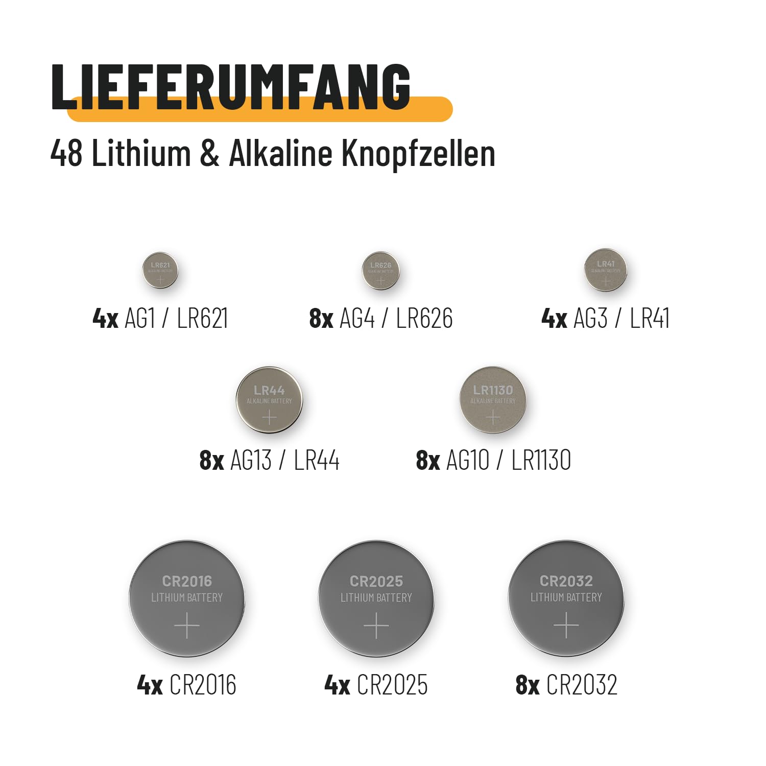 ABSINA 48er Pack Alkaline & Lithium Knopfzellen - Knopfzelle Sortiment 6