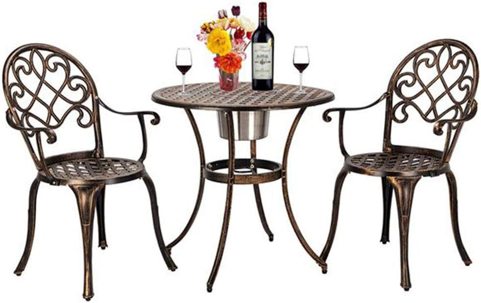 European Style Cast Aluminum Outdoor 3 Piece Patio Bistro Set of Table and Chairs Antique Patio Furniture Weather Resistant with Ice Bucket Bronze