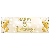WeBenison Large Happy 5th Anniversary Banner - Gold - 72 x 24 Inch - Polyester - Fade Resistant - Occasion - Garden/Home - 5th Anniversary, Happy - Couples & Families