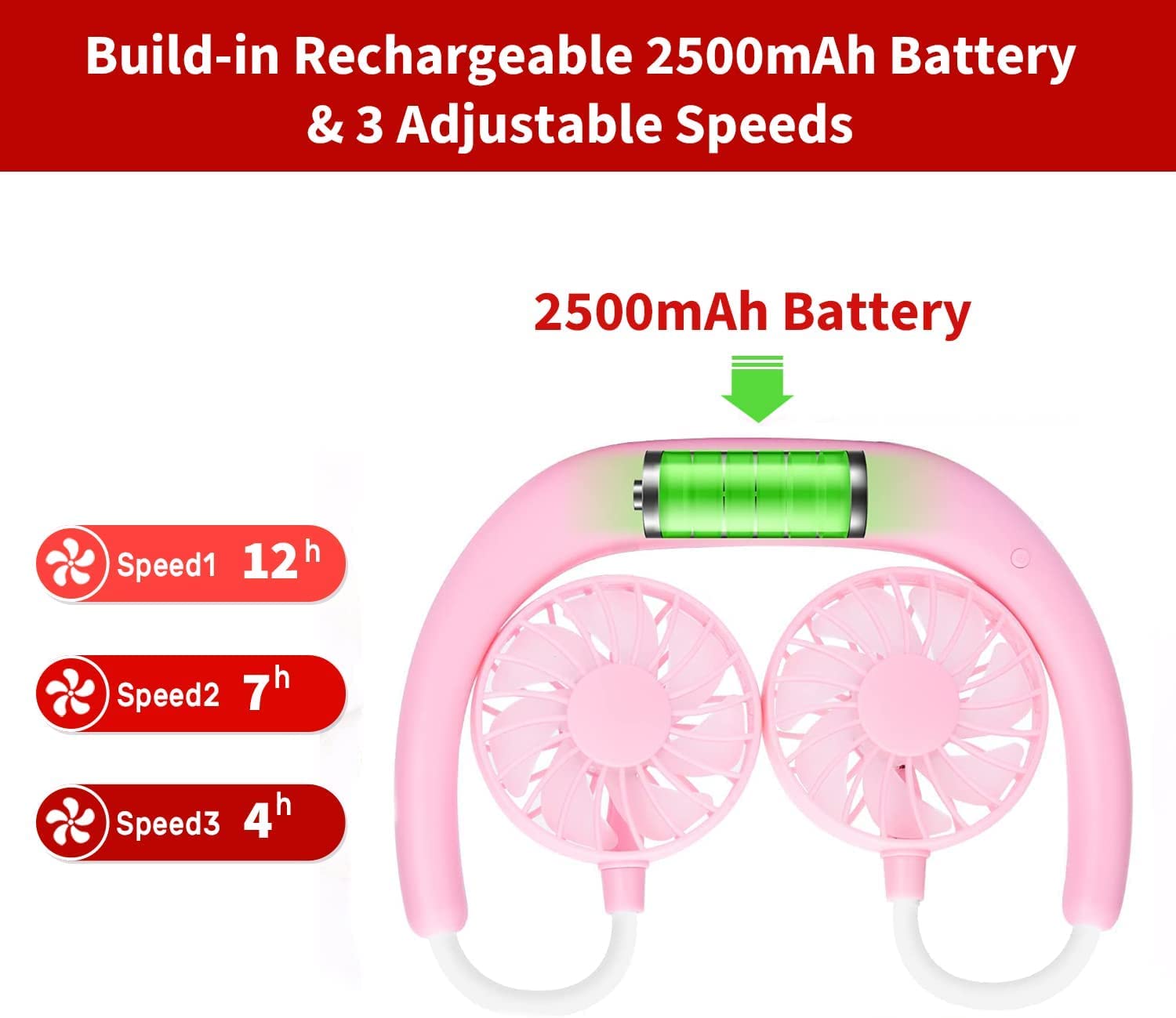Portable Neck Fan Rechargeable Personal Hand-Free Fan Mini USB Wearable Neckband Sport Fan, 3 Speed Adjustable, 360 Degrees Free Rotation Perfect for Working, Traveling,Office, Reading (Blue Pink)