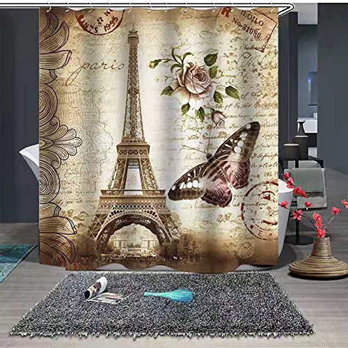 Paris Shower Curtain, Brown Vintage Eiffel Tower Shower Curtain, Fabric Flower Bathroom Shower