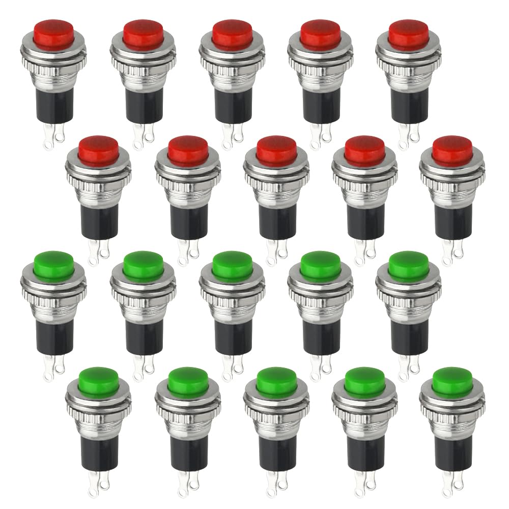 WMYCONGCONG 20 PCS Momentary SPST Metal Push Button Switch 10mm AC 125V 5A, AC 250V 6A Red Green Cap