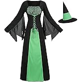 Witch Dress for Women, Medieval Vintage Wicked Witch Halloween Costume Gothic Sorceress Cosplay Long Dresses