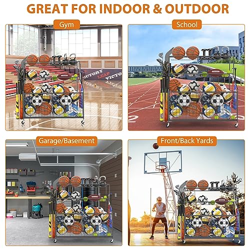 Gadroad Garage Sports Equipment Organizer, Ball Storage Rack, Sports Gear Storage, Garage Ball Storage, Garage Organizer with Baskets and Hooks, Rolling Sports Ball Storage Cart, Black