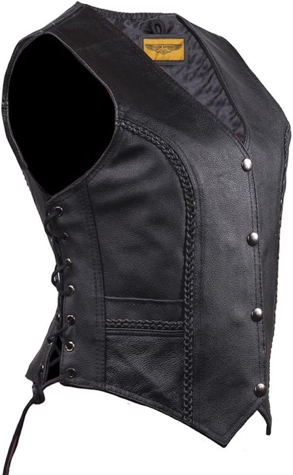 Women Long Cut Black Leather Motorcycle Vest with Braid on Front and Back
