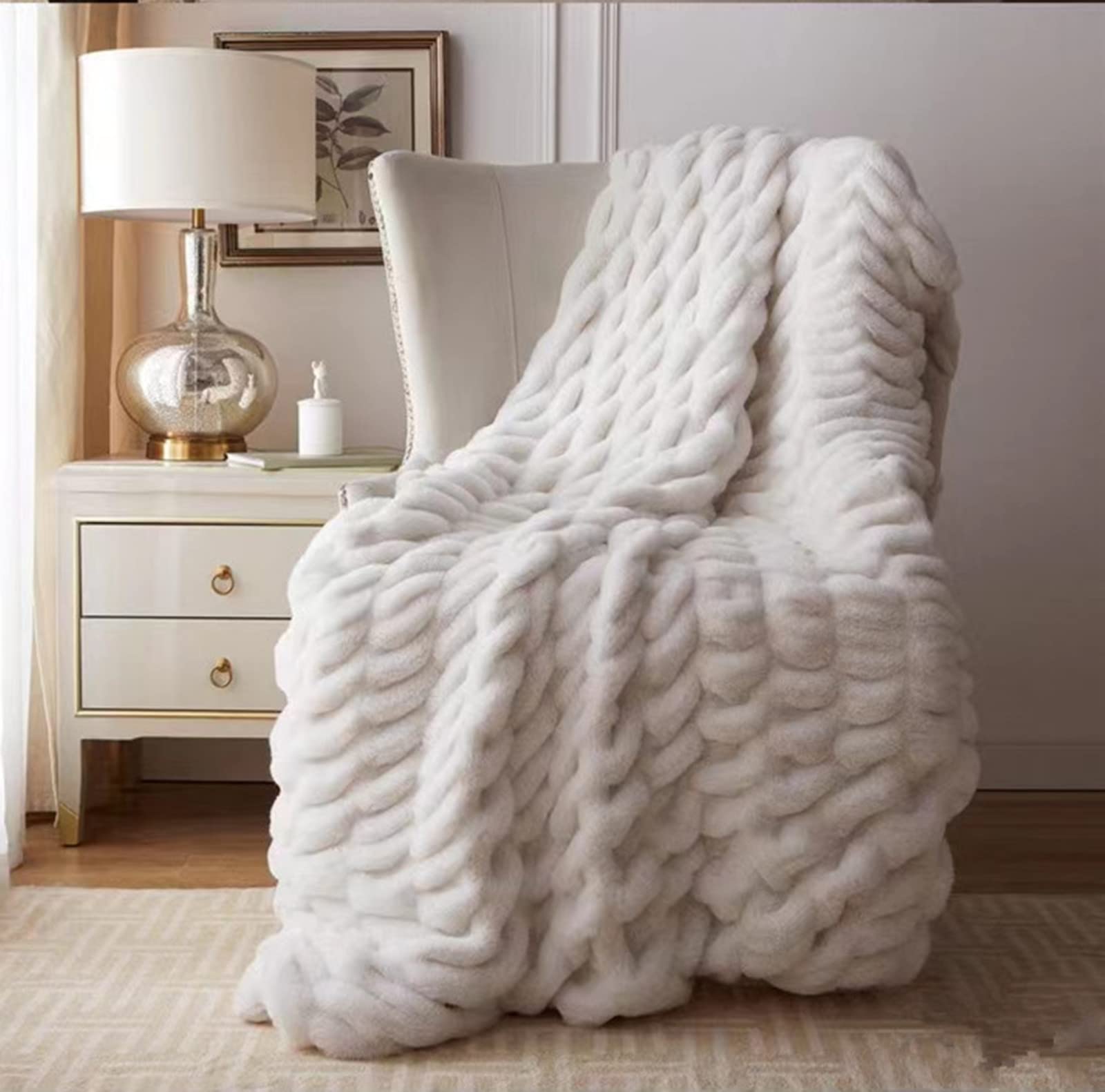 Fouriding Faux Fur Fleece Throw Blanket, Winter Soft Warm Bubble Faux Fur Fleece Blanket for Bed Sofa Casual Blanket Bedspread, Beige, 100x150CM
