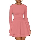 Kaximil Women's Crew Neck Long Sleeve Corset Mini Dress Ruffle Hem Short Party Club Dresses