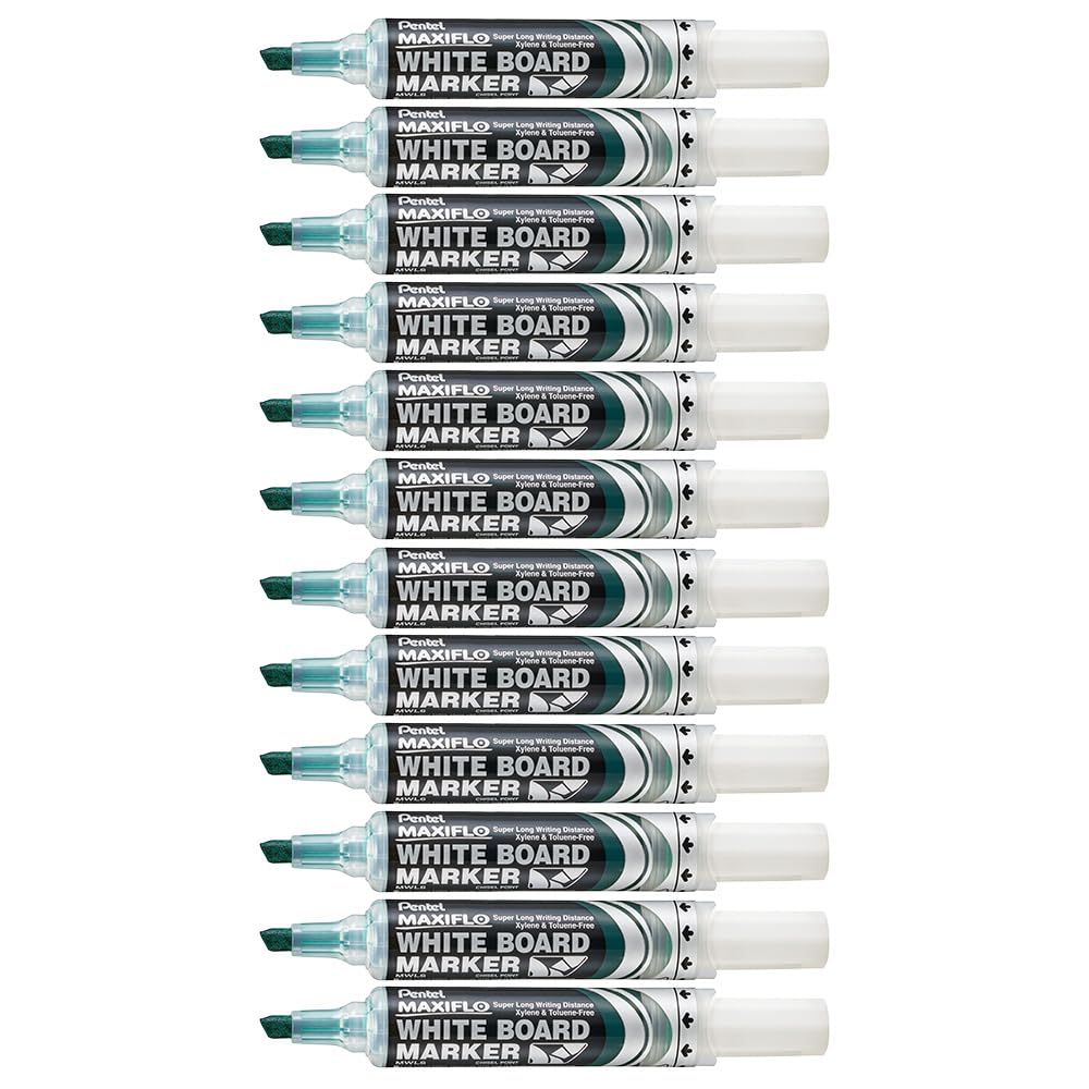 Pentel Maxiflo Dry Wipe Chisel Tip Marker - Green (Pack of 12)