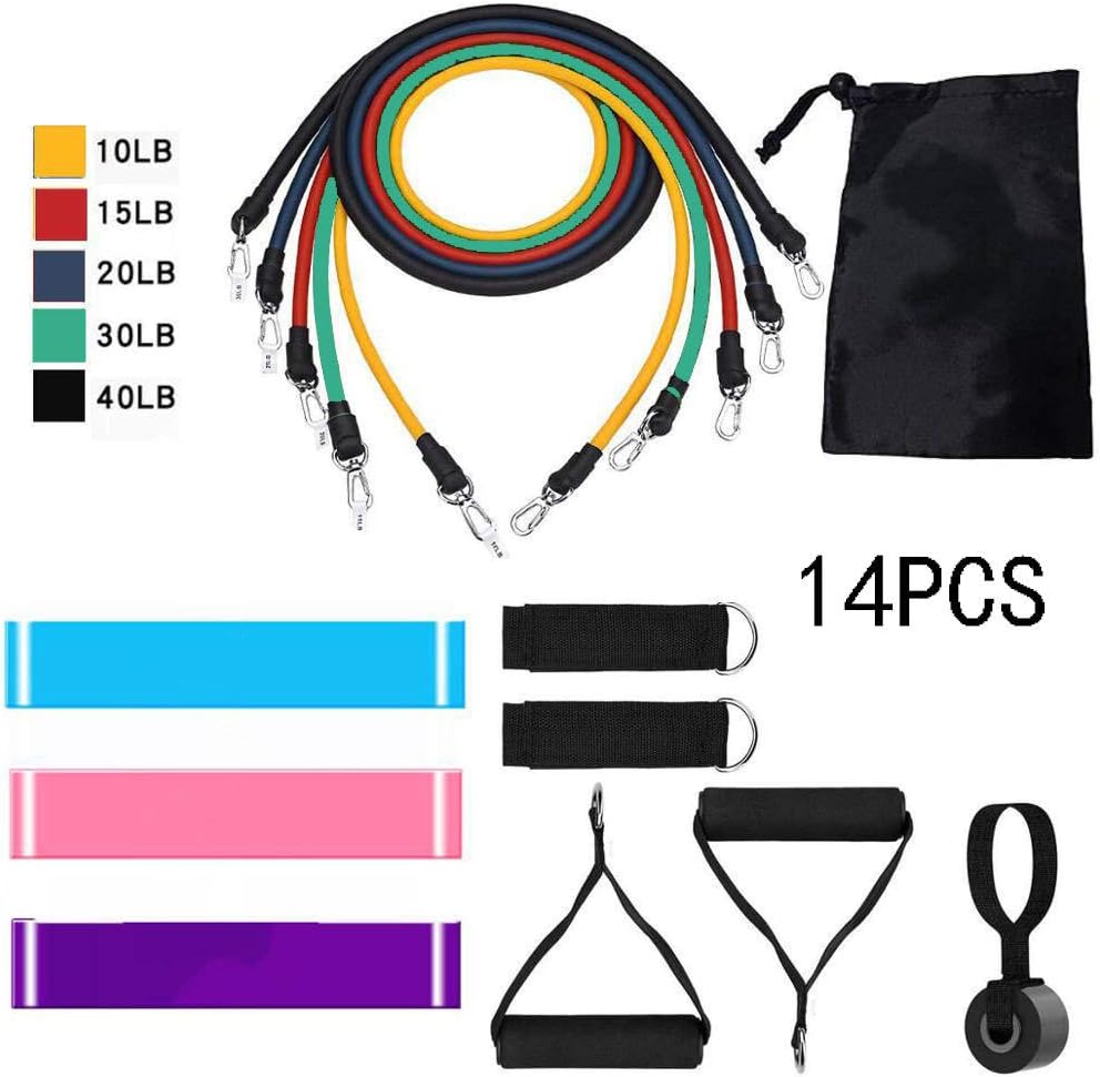 14PC Exercise Resistance Bands Set,Fitness Stretch Workout Bands with Fitness Tubes, Foam Handles, Ankle Straps, Door Anchor for Home Gym Fitness,for Men Women