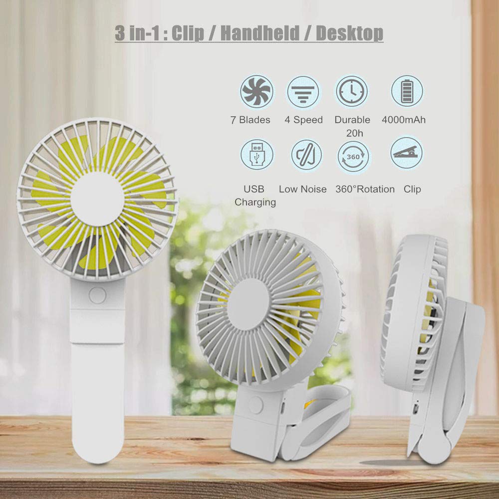 USB Desk Fan, VSTYLE 3 in-1 Foldable USB Clip Fan 360° Rotation 4 Wind Speed Mini Cooling Fan Rechargeable Table Fans for Sport/Travel/Home