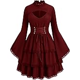 ROSE GAL Womens Plus Size Victorian Gothic Lace-up Layered Lace Trim Cutout Trumpet Sleeves Knee Length Dress