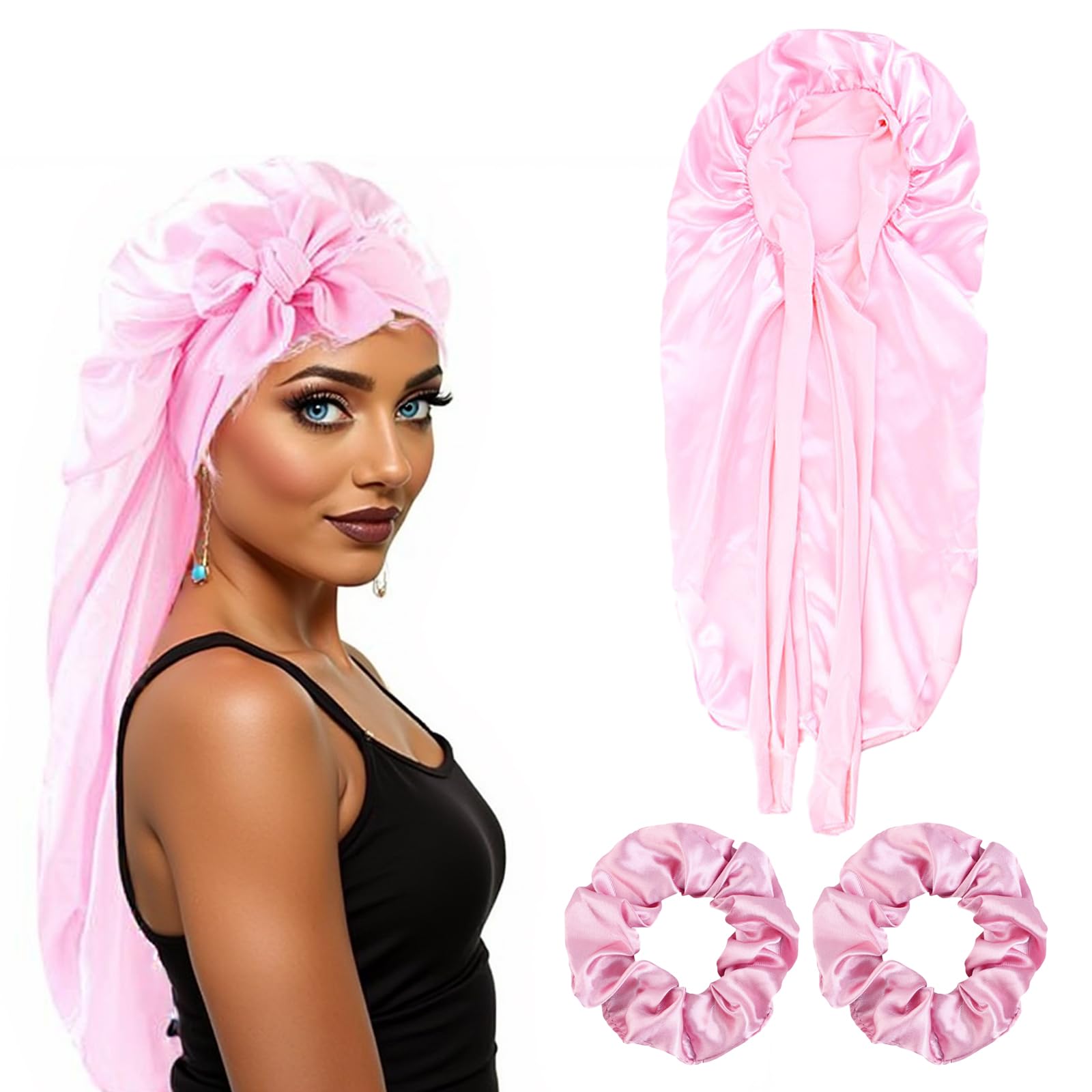 Long Satin Bonnet for Women,Sleep Cap with Elastic Tie Band, Silk Bonnet for Long Curly Hair, Braids(Pink)