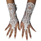 Specell White Fingerless Sequins Lace Gloves, Short Lace Tea Party Glove, Fingerless Glove