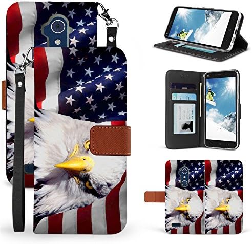 ZTE Blade Max 3 Case, PimpCase [Wrist Strap] 2 Tones PU leather wallet case with Magnetic Strap for ZTE Blade Max 3 (Bald Eagle American Flag)