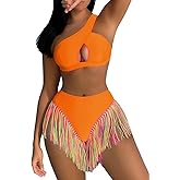 Segreto Women's Multicolored Tassels Bikini Sets Two Piece Swimsuit Tube Bra and Briefs Swimwear One Shoulder Bathing Suits