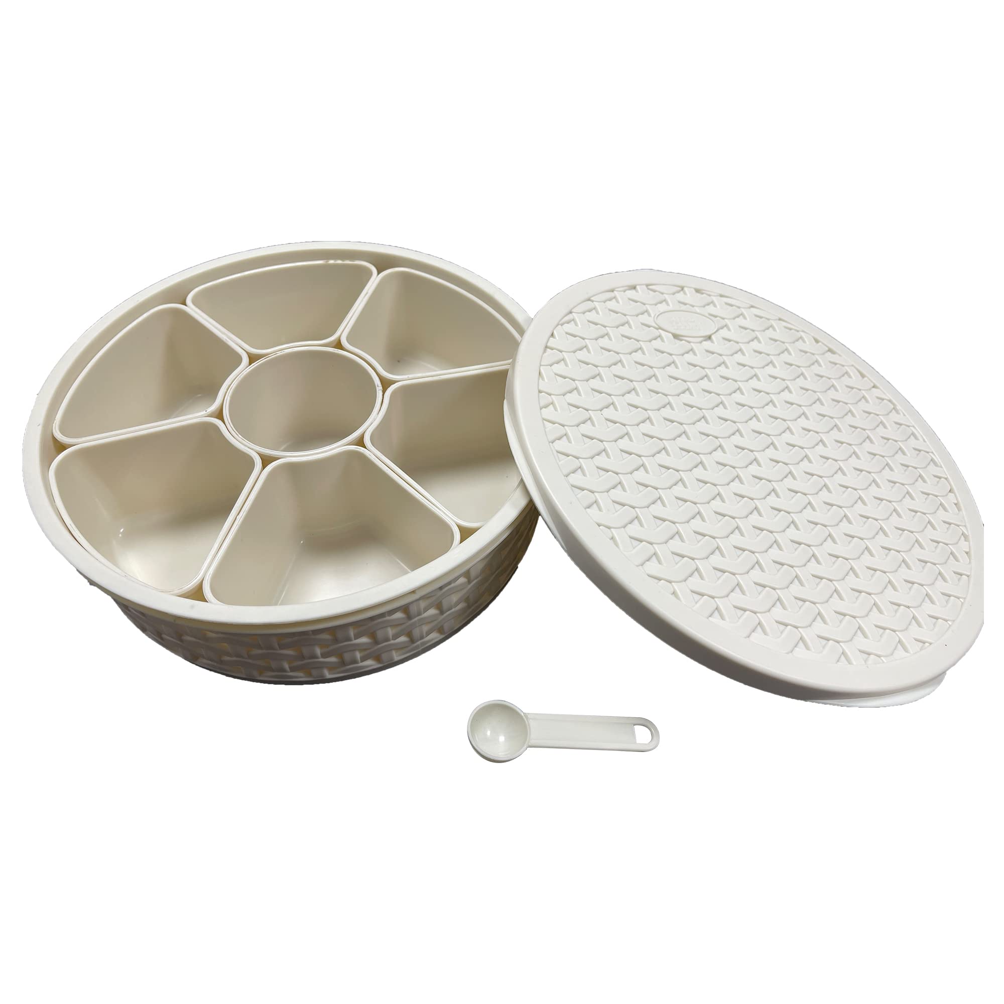 Pick N Save Plastic Masala Box, Spice Box, Masala Dabba, Authentic Indian Masala Dabba perfect for your spice storage with 7 containers and a FREE serving spoon (Ivory)