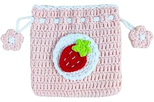 BRTOO Small Crochet Purse 100% Handmade Knitted Storage Bag Cute Funny Kawaii Coin Change Purse Pouch Mini Cartoon Shark Funny Plush Drawstring Headphone Wallet for Women Girls Gift(Strawberry)